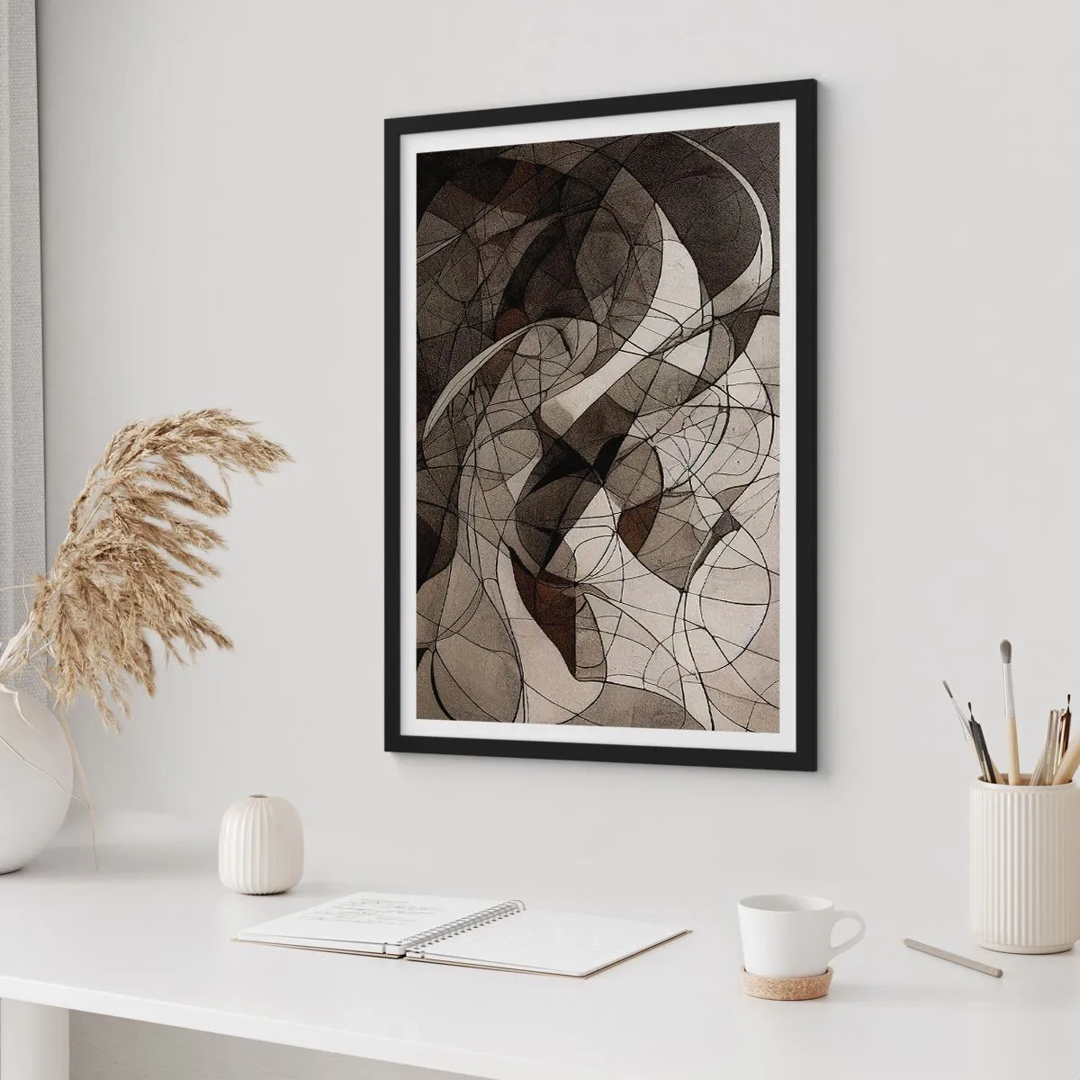 Plakat i sort ramme - Abstrakt komposition af geometriske linjer og former - 50x70cm - Cirkulation af jordens farver - Moderne vægdekoration til stue og soveværelse ARTTOR