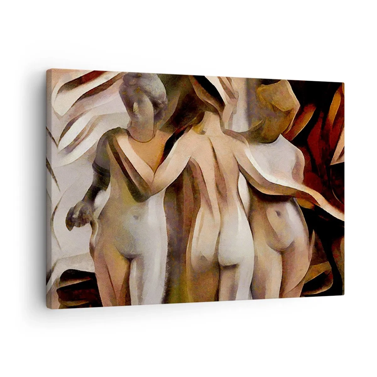 Lærredstryk - Billede på lærred - En abstrakt scene med tre figurer i varme farver. - 70x50cm - Tre Nåder 2.0 - Moderne vægdekoration til stue og soveværelse ARTTOR