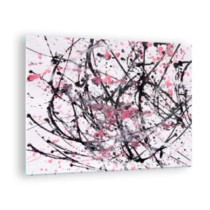 Billede på glas - Dynamiske abstrakte linjer og lyserøde pletter på en hvid baggrund - 70x50cm - Livets flygtige natur - Moderne vægdekoration til stue og soveværelse ARTTOR