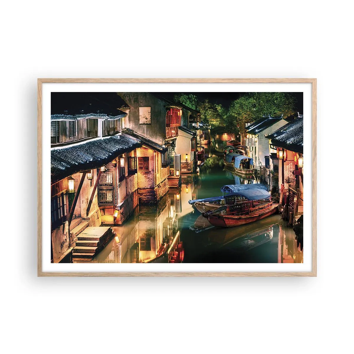 Plakat i ramme af lyst egetræ - En aften på en kinesisk gade - 100x70 cm