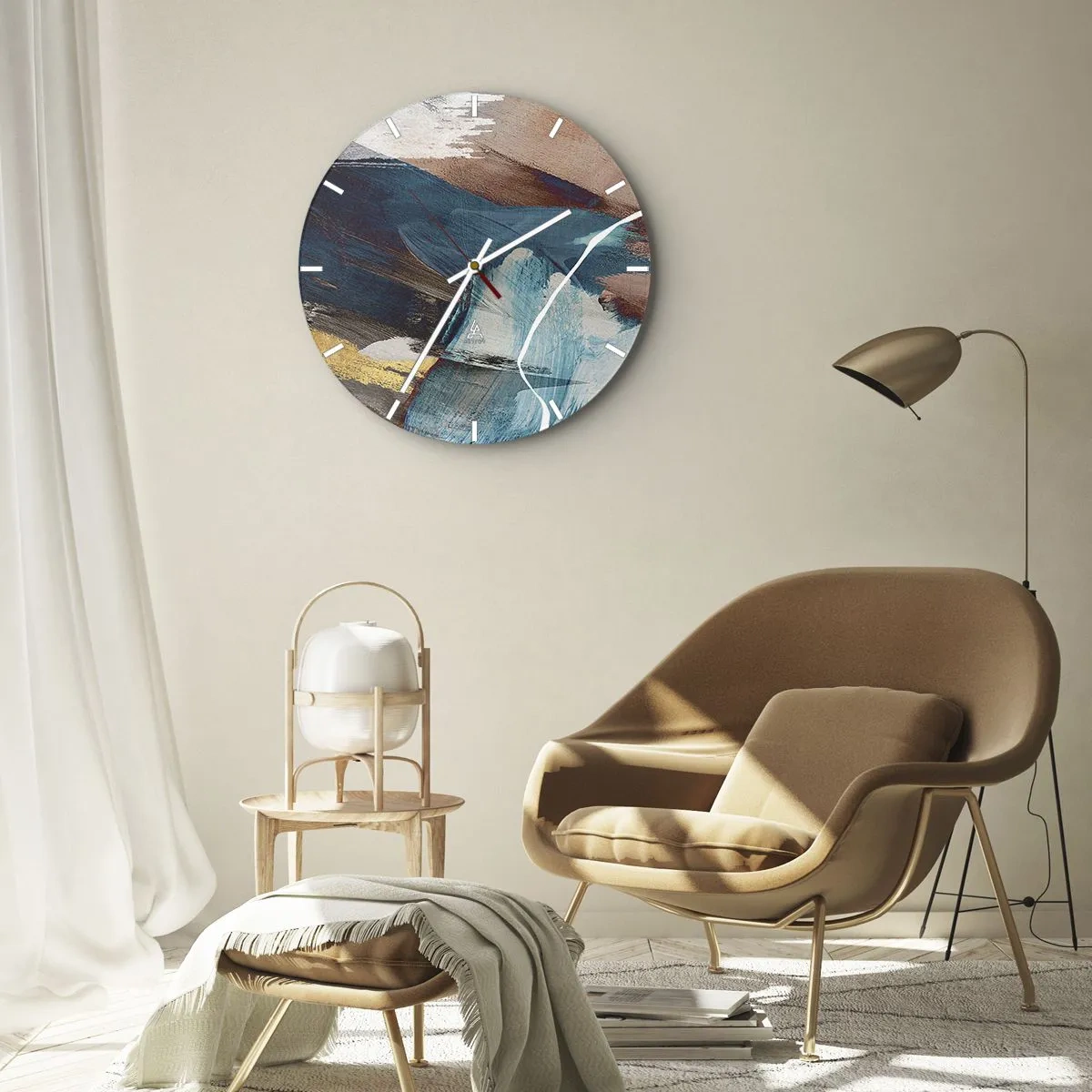 Vægur, Uret - Dynamiske penselstrøg i nuancer af blå og brun - 30x30cm - Med flair og energi - Moderne vægdekoration til stue, køkken og soveværelse ARTTOR