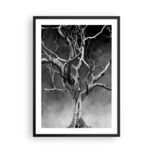 Plakat i sort ramme - Sort-hvidt billede af et træ mod en tåget baggrund - 50x70cm - Primær og hellig - Moderne vægdekoration til stue og soveværelse ARTTOR