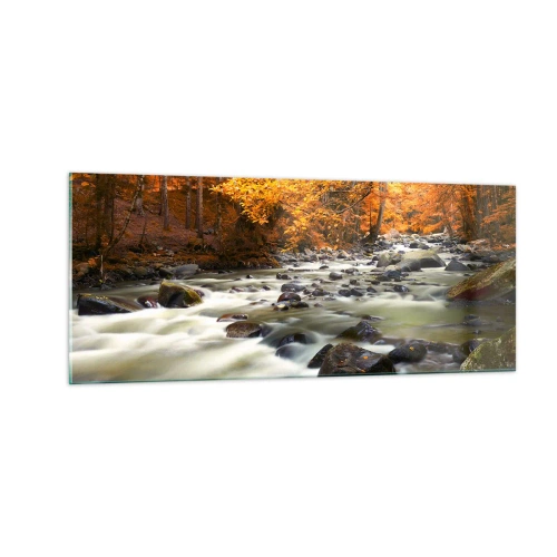 Billede på glas - Et vandløb i den gyldne skov - 100x40 cm