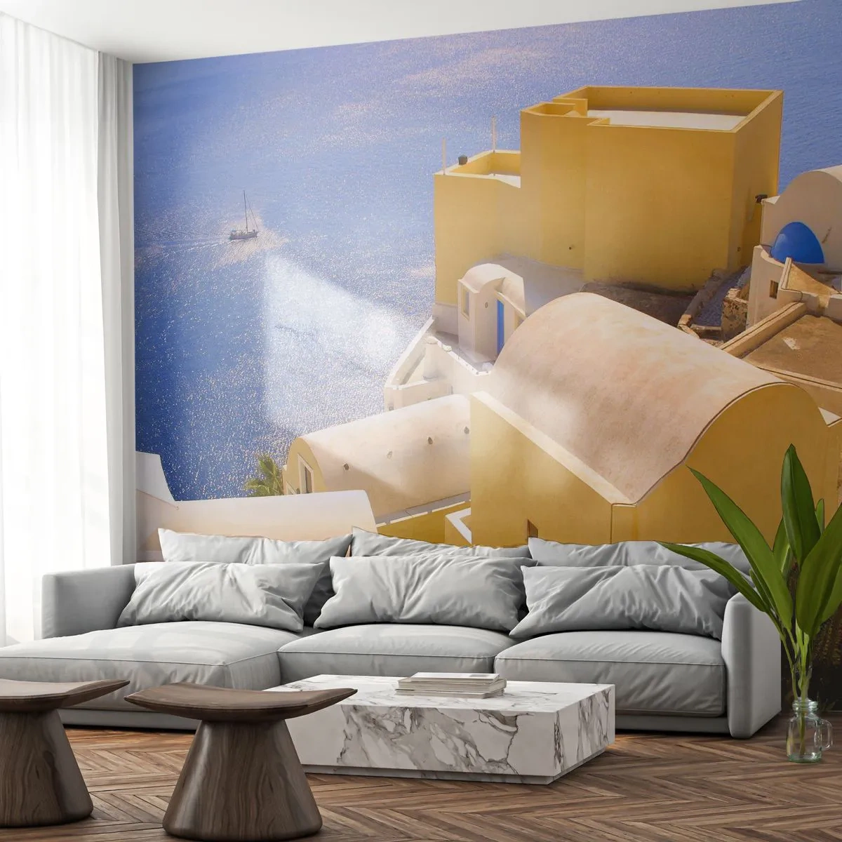 Fototapet Premium Canvas - Græsk landskab i hvid og blå - Landskab, Santorini, Grækenland - 250x175 cm