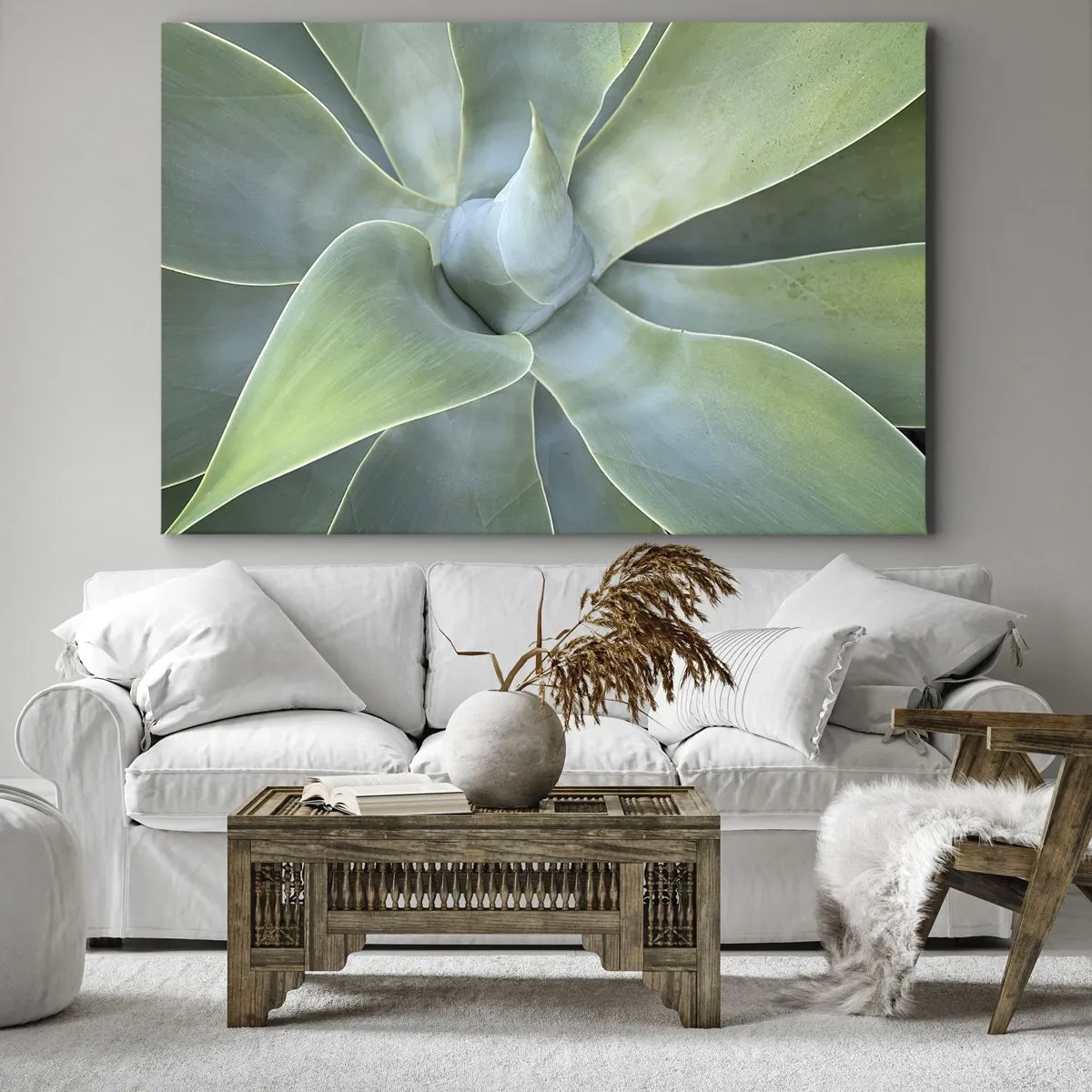Lærredstryk - Billede på lærred - Diskrete agaveblade i grønne nuancer - 70x50cm - Den grønne fødsel - Moderne vægdekoration til stue og soveværelse ARTTOR