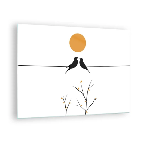 Billede på glas - Fugle på en linje under en orange sol - 70x50cm - Nattergal - Moderne vægdekoration til stue og soveværelse ARTTOR