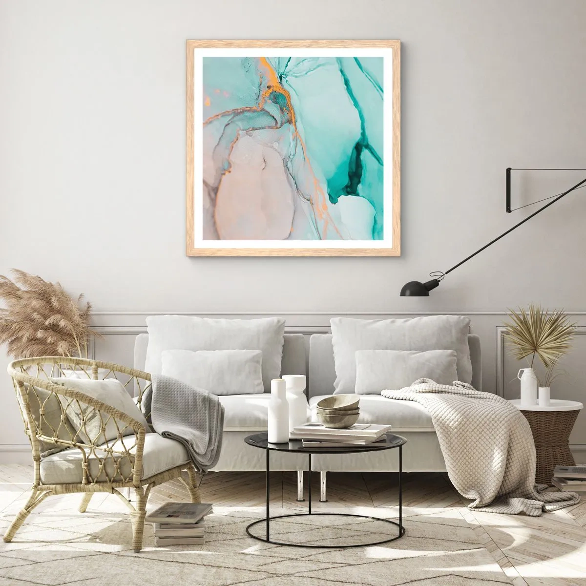 Plakat i ramme af lyst egetræ - Dans af former og farver - 60x60 cm