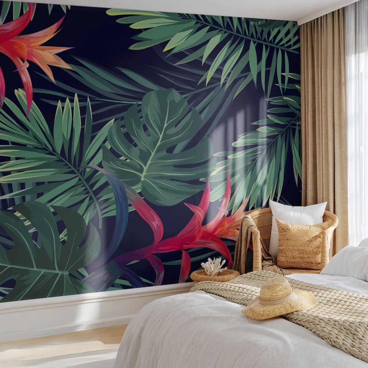 Fototapet Premium Canvas - Brænd i grønt - Blomster, Tropisk plante, Palmeblade - 200x140 cm