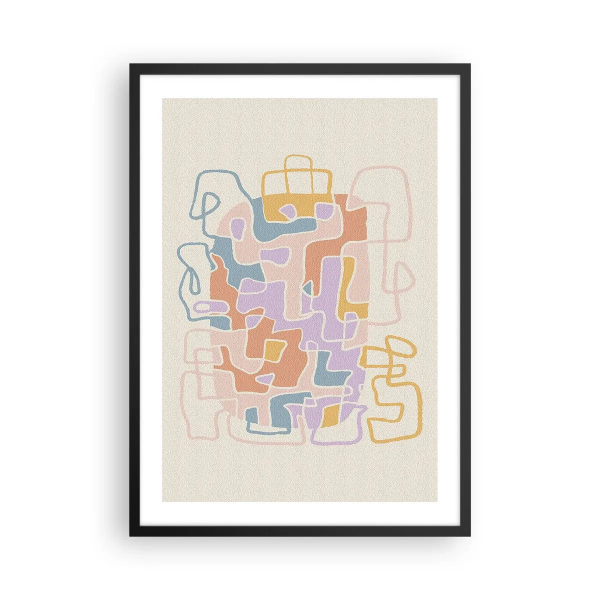 Plakat i sort ramme - Farverig abstraktion med uregelmæssige linjer på en lys baggrund - 50x70cm - Labyrint - et glædeligt eventyr - Moderne vægdekoration til stue og soveværelse ARTTOR