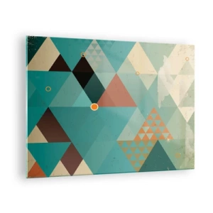 Billede på glas - Geometri i turkis og brun nuancer med trekanter - 70x50cm - Enhed af mangfoldighed, mangfoldighed af enhed - Moderne vægdekoration til stue og soveværelse ARTTOR