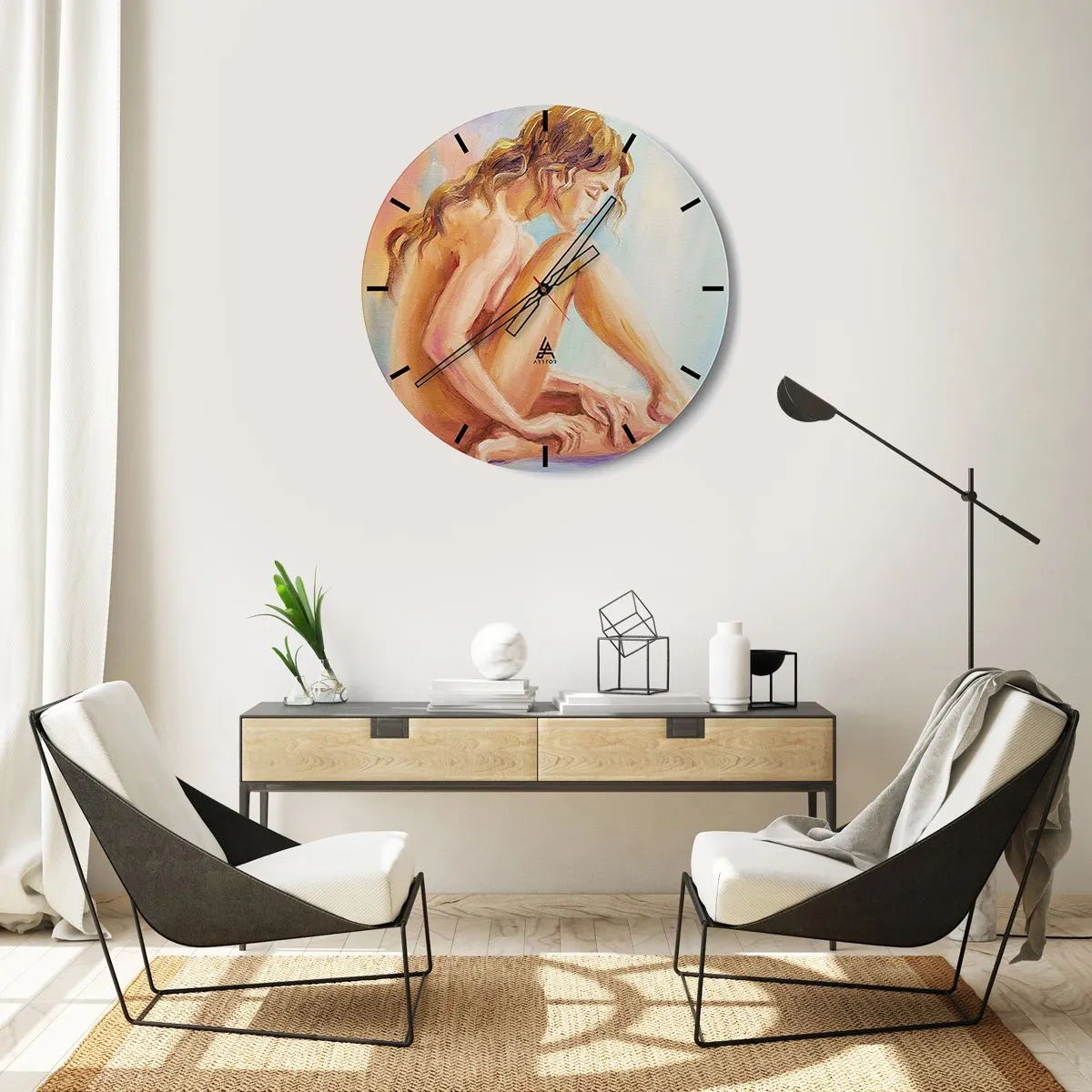 Vægur, Uret - Kunstnerisk portræt af en siddende kvinde - 30x30cm - Ungdomens handling - Moderne vægdekoration til stue, køkken og soveværelse ARTTOR