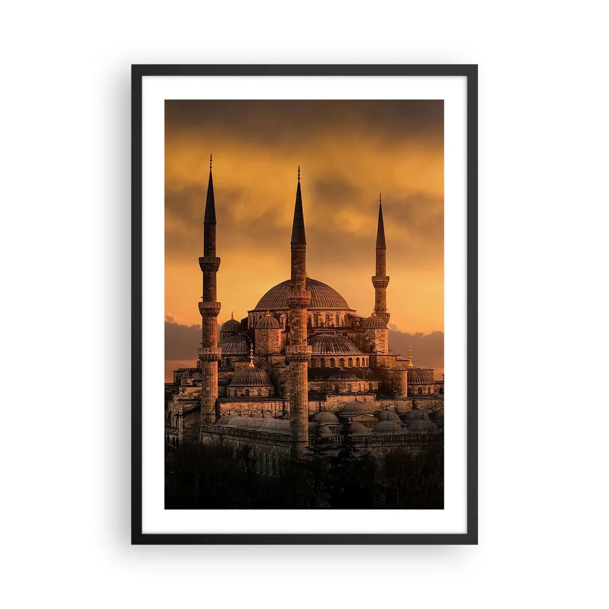 Plakat i sort ramme - Moské ved solnedgang med varme farver - 50x70cm - Gud er stor - Moderne vægdekoration til stue og soveværelse ARTTOR