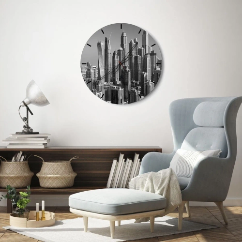 Vægur, Uret - Panorama af en moderne by i sort-hvid - 30x30cm - Byen over ørkenen - Moderne vægdekoration til stue, køkken og soveværelse ARTTOR