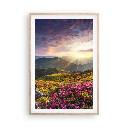 Plakat i ramme af lyst egetræ - Friskheden af en morgen i bjergene - 61x91 cm