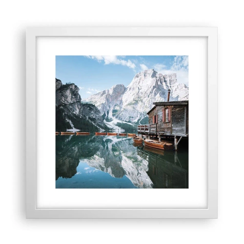 Plakat i hvid ramme - Krystalklar bjergmorgen - 30x30 cm