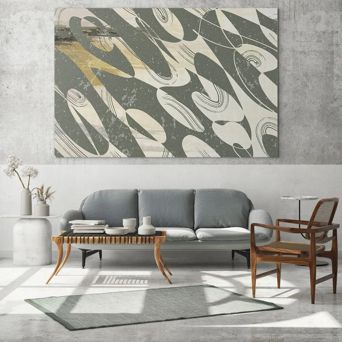 Billede på glas - En grøn og beige komposition med dynamiske organiske former - 70x50cm - Rytmisk abstraktion - Moderne vægdekoration til stue og soveværelse ARTTOR