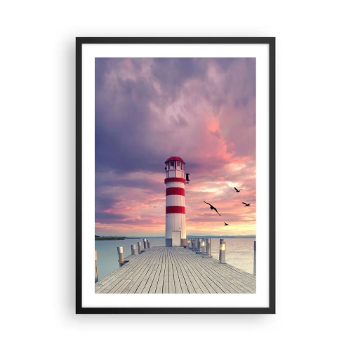 Plakat i sort ramme - Fyrtårn mod solnedgangens baggrund - 50x70cm - Det er tid til havnen - Moderne vægdekoration til stue og soveværelse ARTTOR