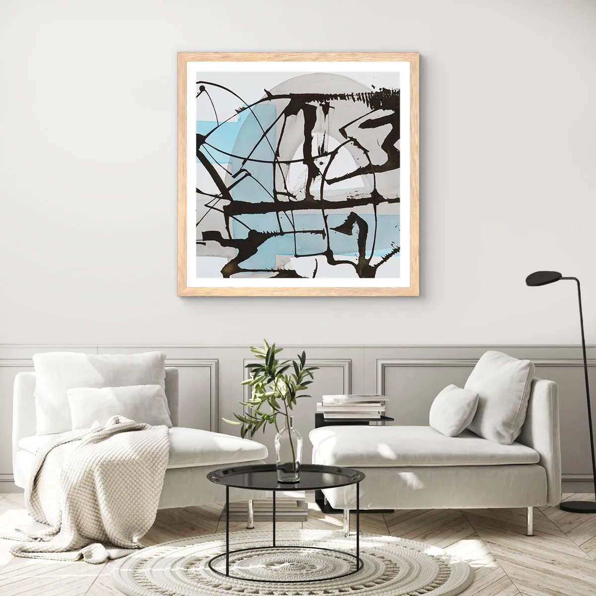 Plakat i ramme af lyst egetræ - Ikke desto mindre blå - 60x60 cm