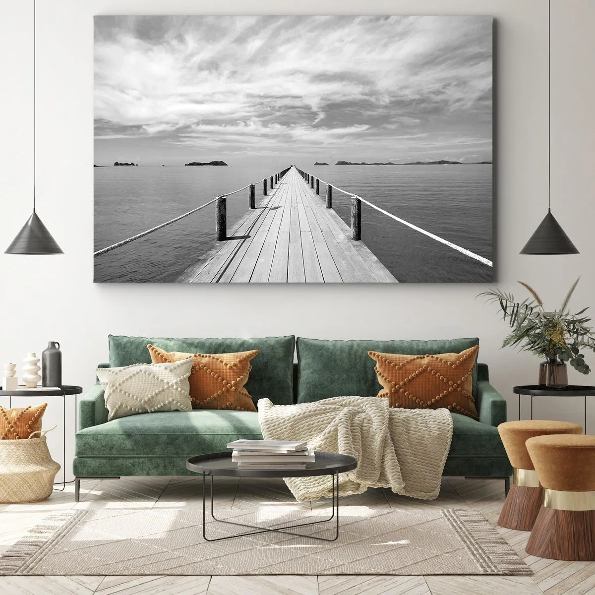 Lærredstryk - Billede på lærred - En træmole, der fører ud i det fjerne over et roligt hav - 70x50cm - Eller måske en rejse... - Moderne vægdekoration til stue og soveværelse ARTTOR