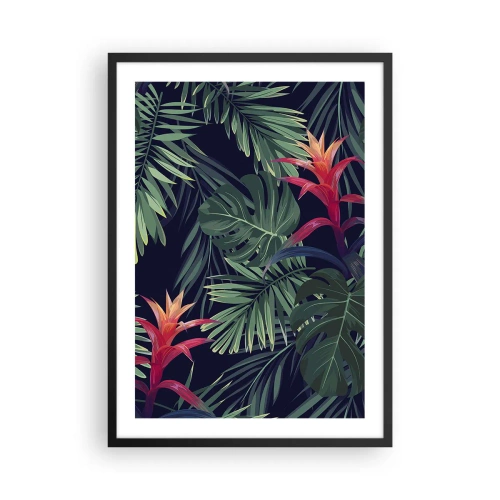 Plakat i sort ramme - Tropiske blade og blomster på en mørk baggrund - 50x70cm - Brænd i grønt - Moderne vægdekoration til stue og soveværelse ARTTOR