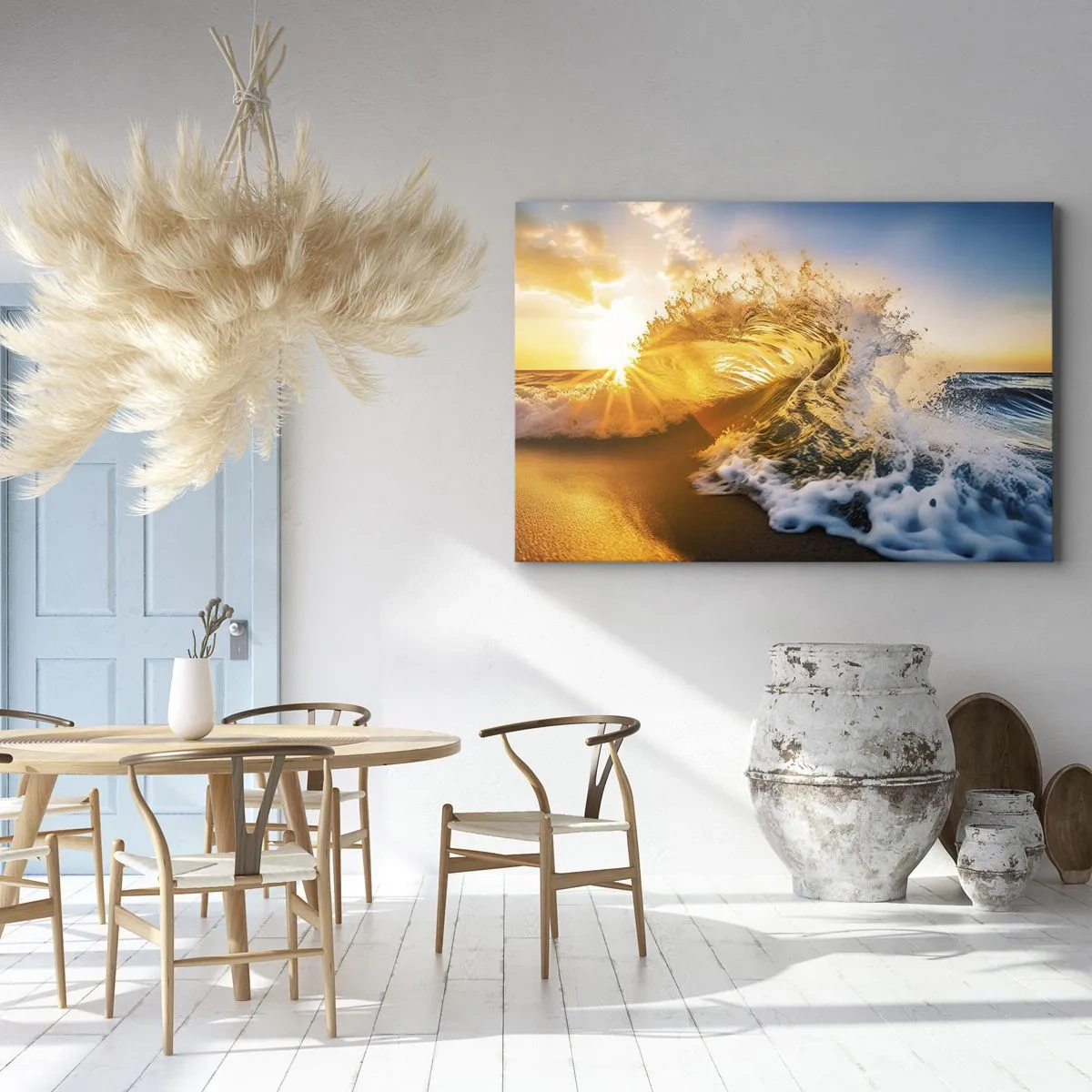 Lærredstryk - Billede på lærred - En gylden bølge mod baggrunden af den nedgående sol - 70x50cm - Leg på sandet - Moderne vægdekoration til stue og soveværelse ARTTOR
