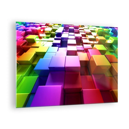 Billede på glas - Farverige terninger danner et tredimensionelt abstrakt mønster - 70x50cm - Op-art sammen som et team - Moderne vægdekoration til stue og soveværelse ARTTOR