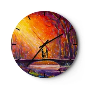 Vægur, Uret - Farverig solnedgang over en bro i skoven - 30x30cm - Himlen elsker dem også - Moderne vægdekoration til stue, køkken og soveværelse ARTTOR