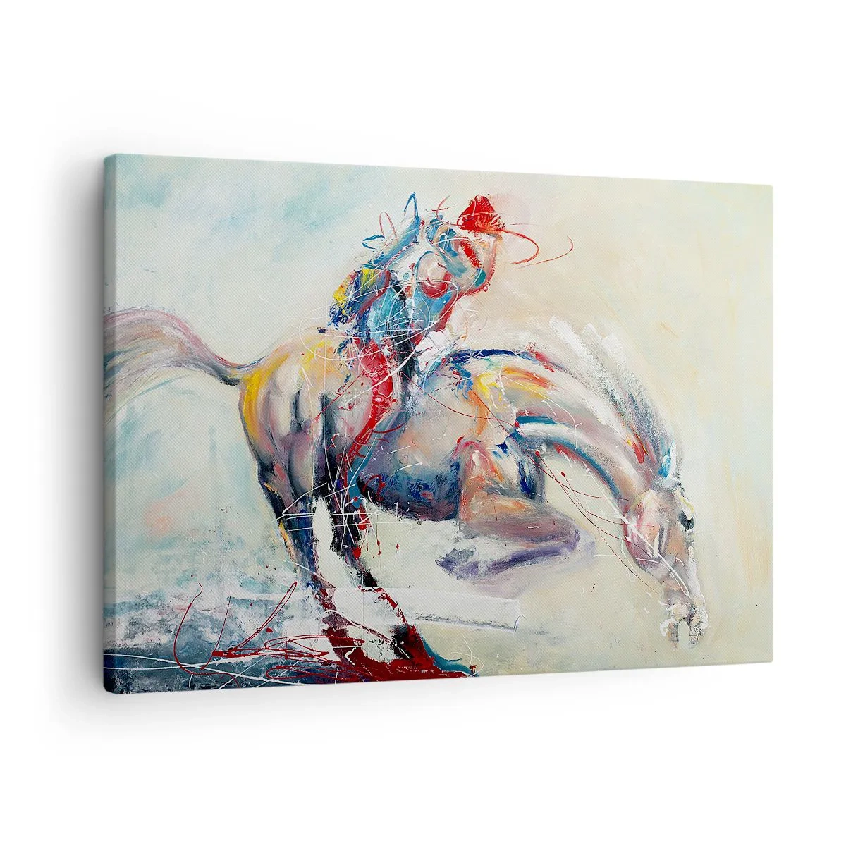 Lærredstryk - Billede på lærred - Et dynamisk billede af en hest i en abstrakt kunstnerisk stil. - 70x50cm - Hold fast, lad os flyve - Moderne vægdekoration til stue og soveværelse ARTTOR