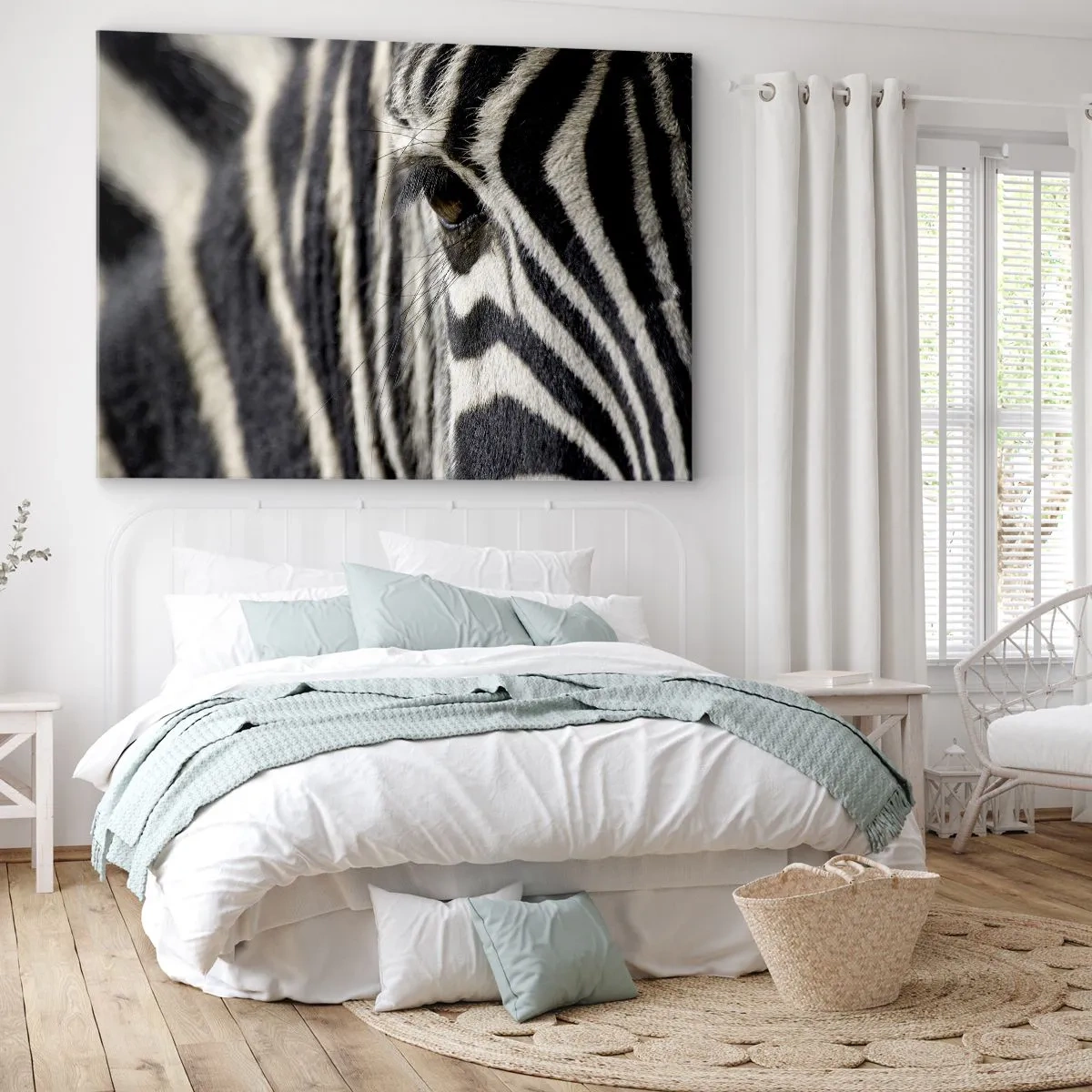 Lærredstryk - Billede på lærred - Nærbillede af et zebraøje med sorte og hvide striber - 70x50cm - Stribet portræt - Moderne vægdekoration til stue og soveværelse ARTTOR