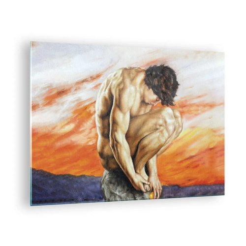 Billede på glas - En nøgen menneskekrop mod en intens orange himmel. - 70x50cm - Sænket i sig selv - Moderne vægdekoration til stue og soveværelse ARTTOR