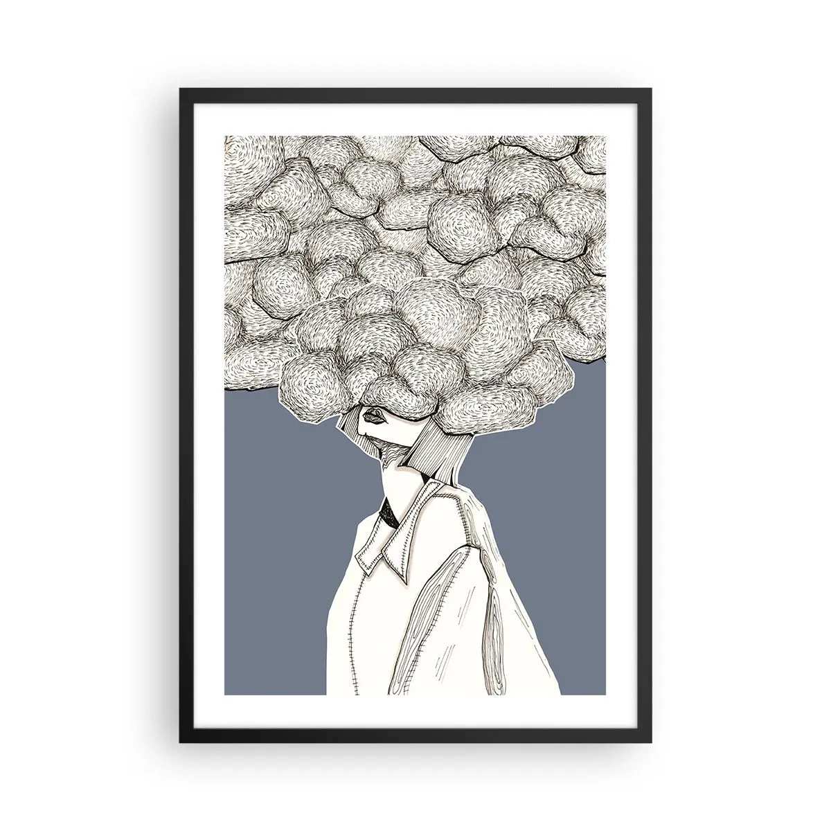 Plakat i sort ramme - En figur med en sky i stedet for et hoved, stiliseret i grå nuancer. - 50x70cm - Med hovedet i skyerne - Moderne vægdekoration til stue og soveværelse ARTTOR