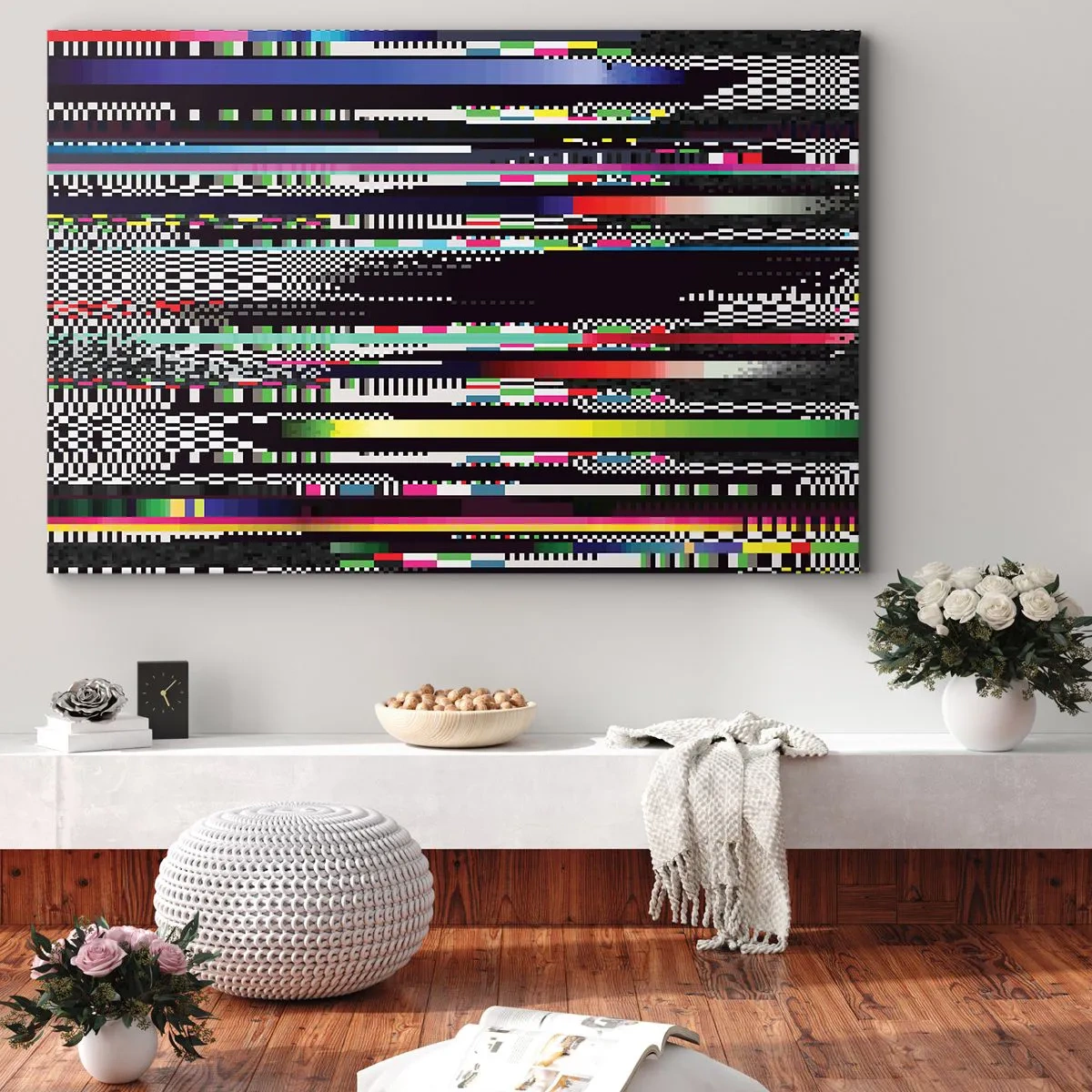 Lærredstryk - Billede på lærred - Farverige linjer og pixels i en abstrakt stil - 70x50cm - Det kontrollerede billede af virkeligheden - Moderne vægdekoration til stue og soveværelse ARTTOR