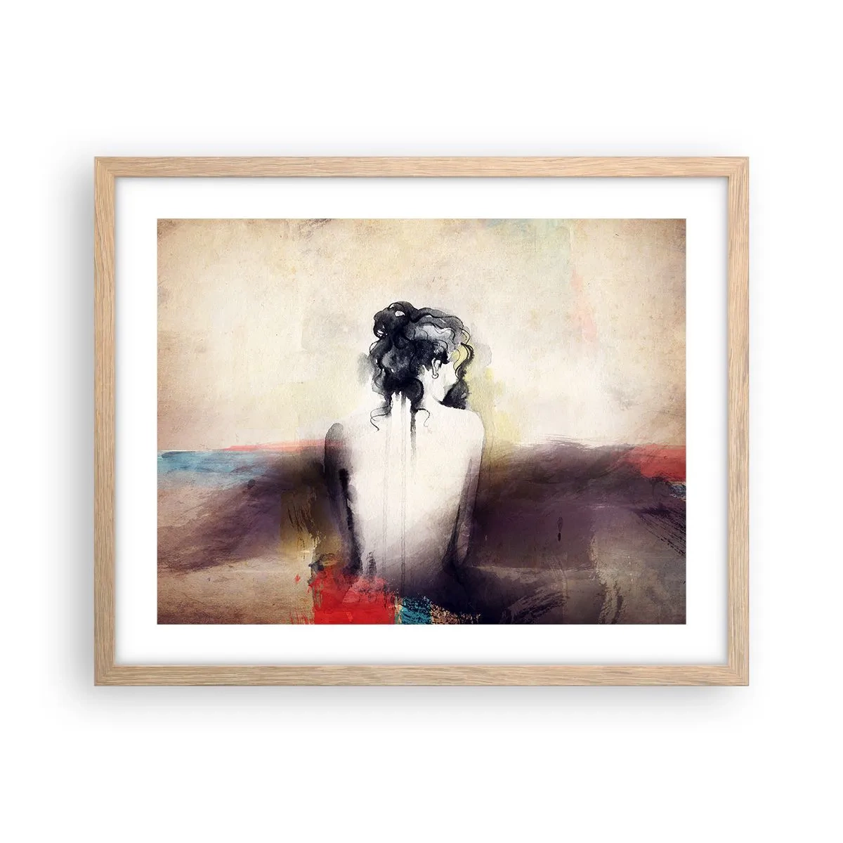 Plakat i ramme af lyst egetræ - Glatte linjer, ovale former - 50x40 cm