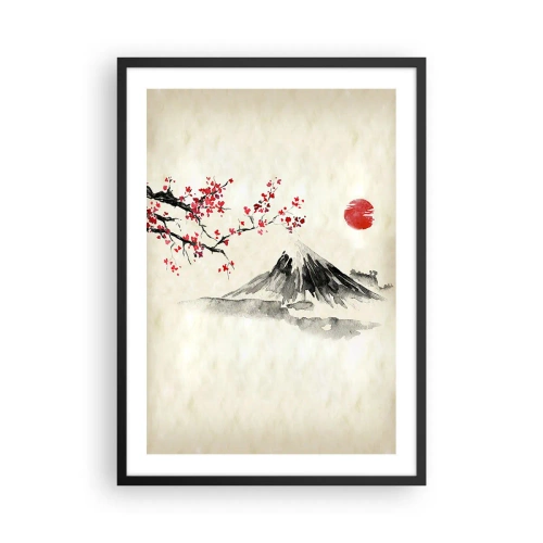 Plakat i sort ramme - Et bjerg med en blomstrende kirsebærgren og en rød sol - 50x70cm - Bliv forelsket i Japan - Moderne vægdekoration til stue og soveværelse ARTTOR