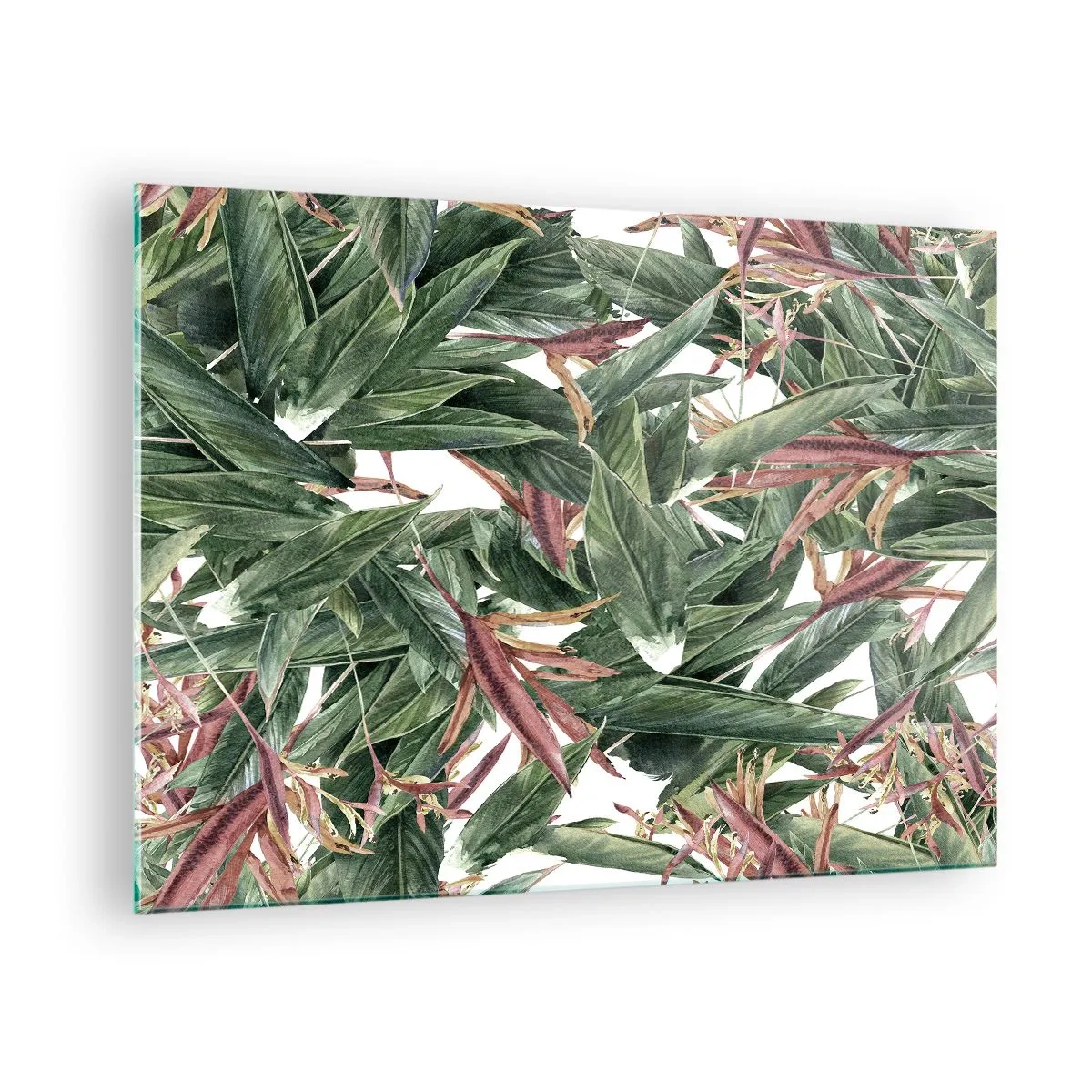 Billede på glas - Blade i nuancer af grønt og bordeaux på en lys baggrund - 70x50cm - Smaragd- og syrenbuskads - Moderne vægdekoration til stue og soveværelse ARTTOR