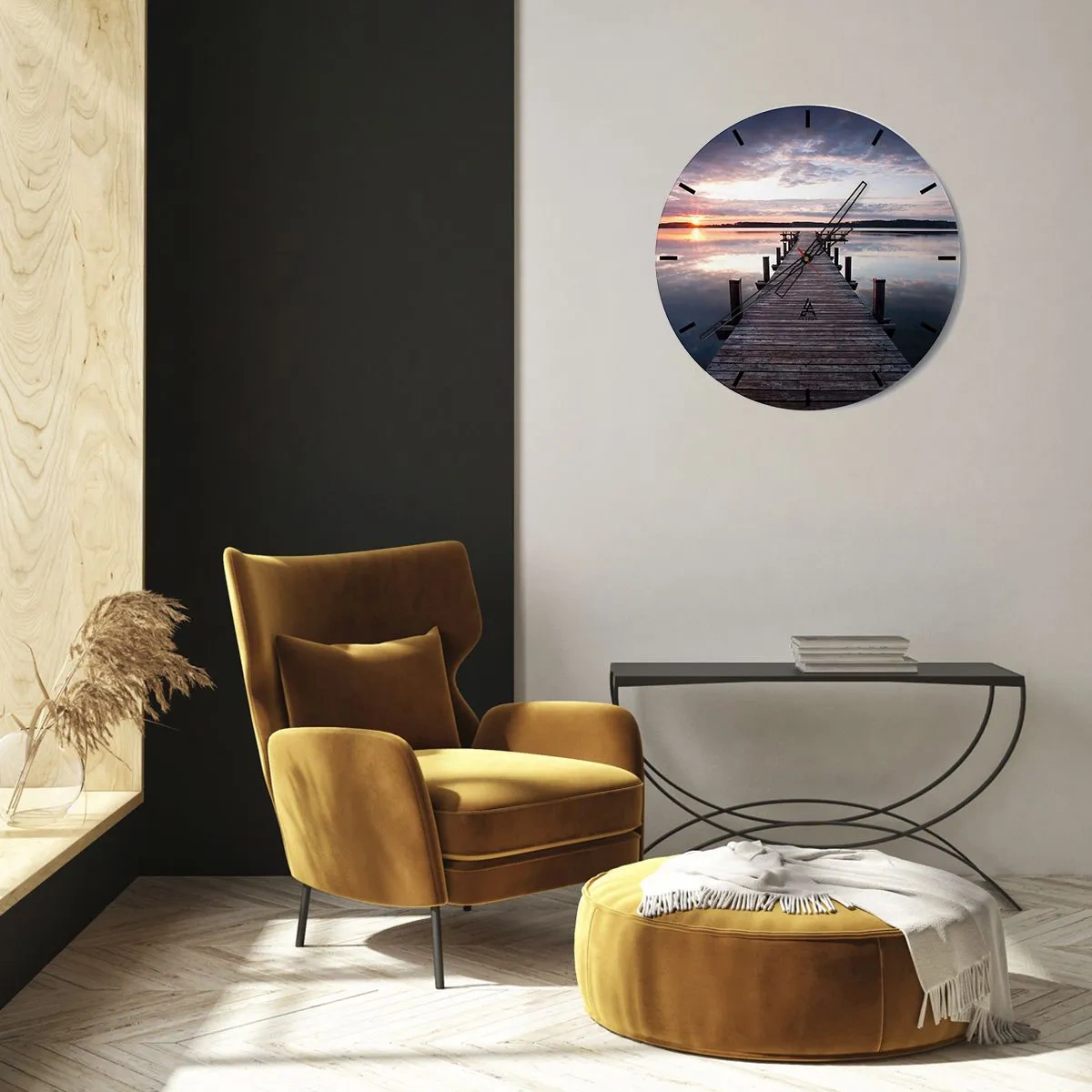 Vægur, Uret - Træbro, der fører til søen ved solnedgang - 30x30cm - Den tavse grænse mellem dag og nat - Moderne vægdekoration til stue, køkken og soveværelse ARTTOR