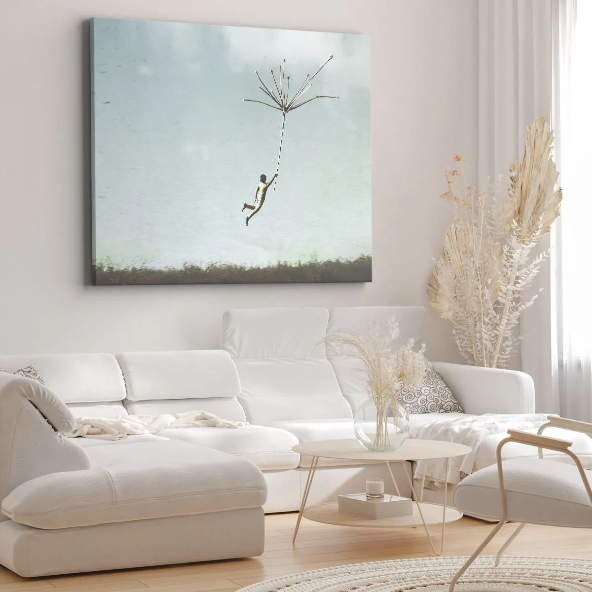 Lærredstryk - Billede på lærred - En figur løftet af et stort mælkebøttefrø - 70x50cm - Drager, blæsere, vind - Moderne vægdekoration til stue og soveværelse ARTTOR