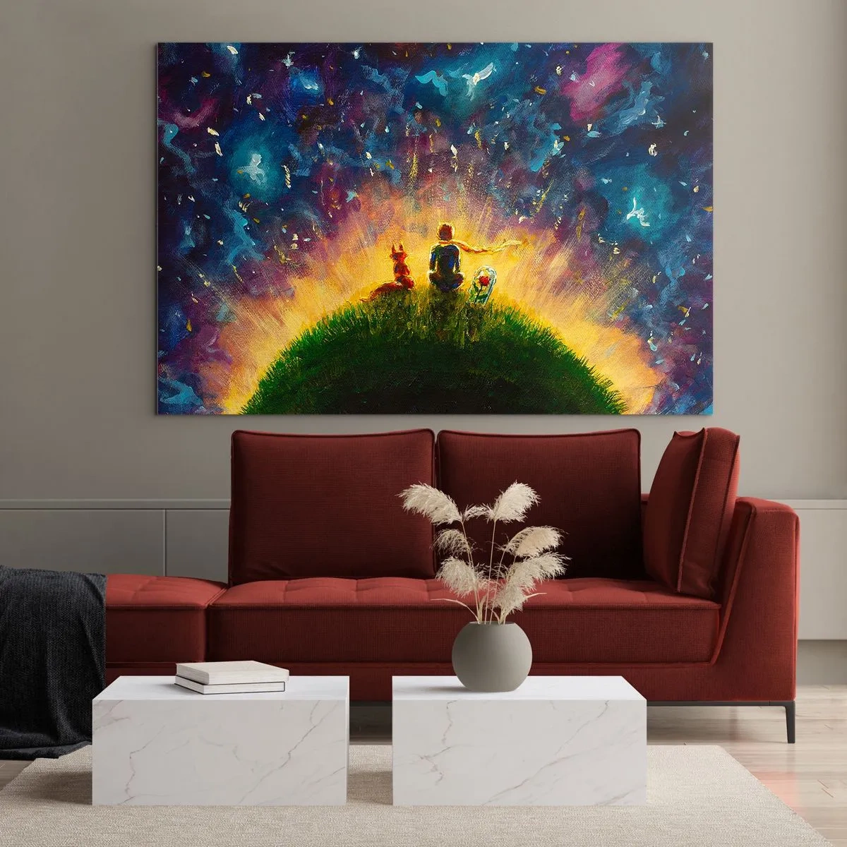 Billede på glas - En figur med en ræv på en planet under en stjernehimmel - 70x50cm - Kærlighed og venskab - hele verden - Moderne vægdekoration til stue og soveværelse ARTTOR