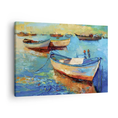 Lærredstryk - Billede på lærred - Farverige både fortøjet på roligt vand - 70x50cm - I den sydlige bugt - Moderne vægdekoration til stue og soveværelse ARTTOR