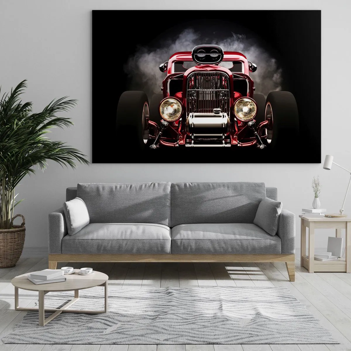 Billede på glas - Rød hot rod i tyk røg - 70x50cm - Hurtigt og rasende smukt - Moderne vægdekoration til stue og soveværelse ARTTOR