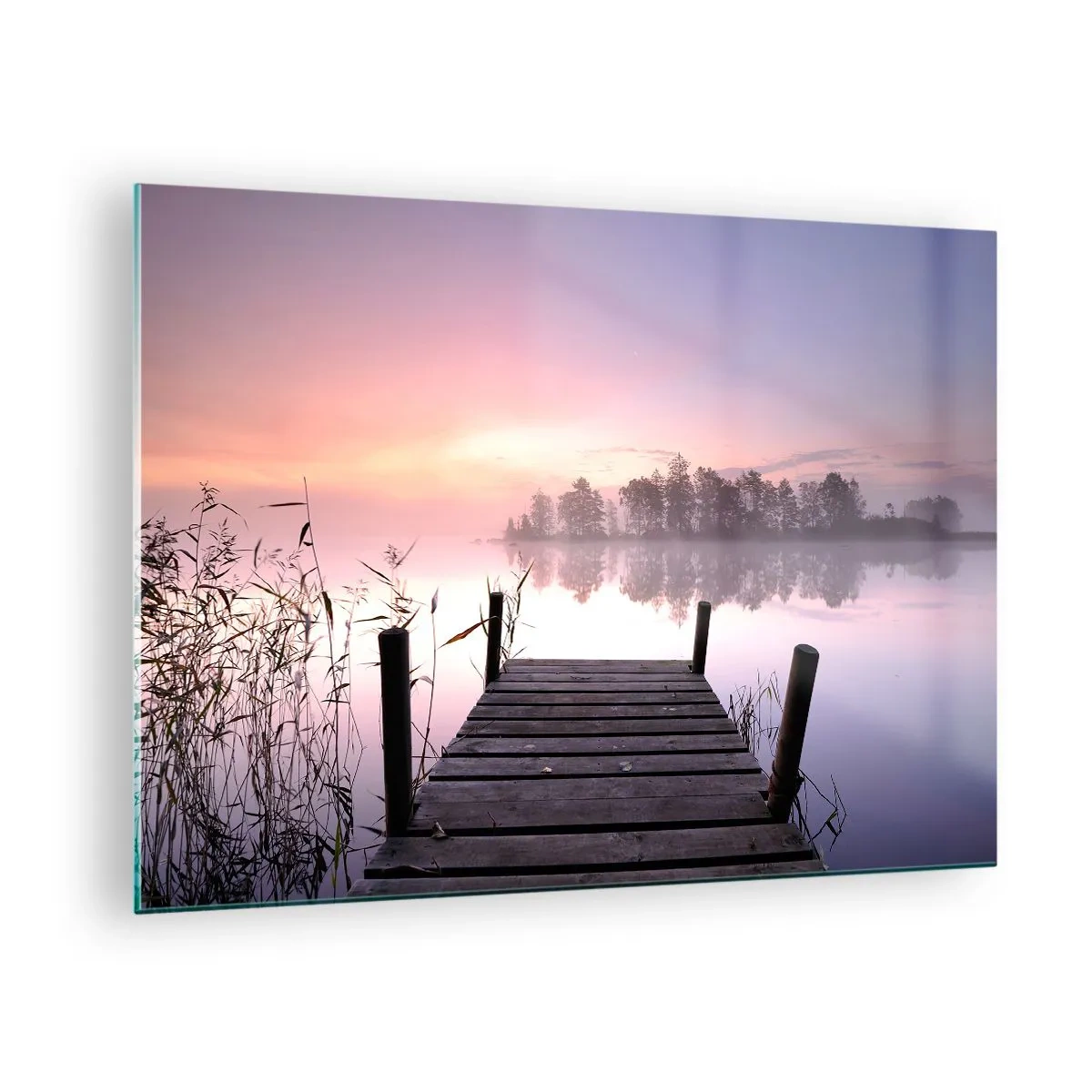Billede på glas - En mole ved solopgang over en rolig sø - 70x50cm - Ud af den lilla tåge... - Moderne vægdekoration til stue og soveværelse ARTTOR