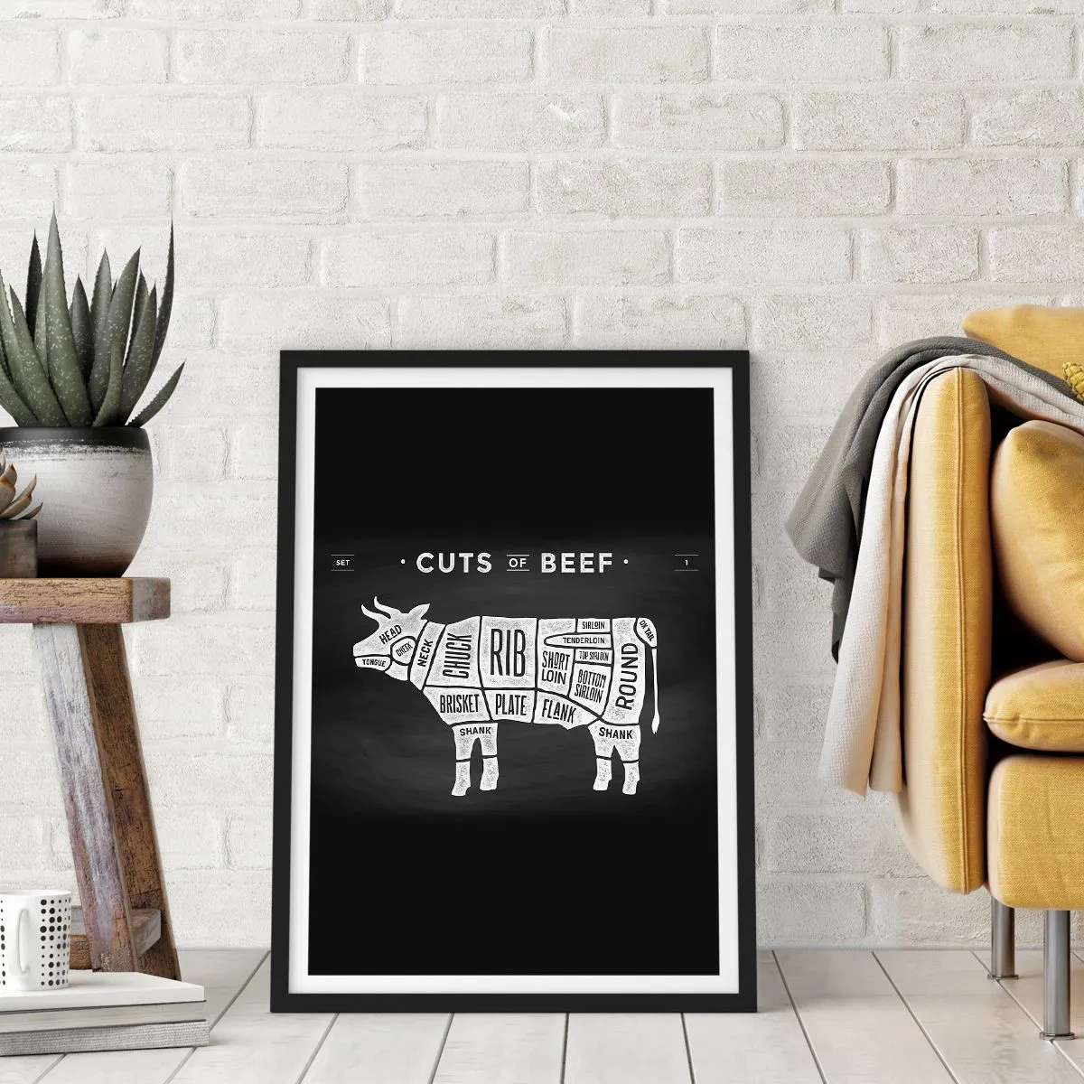 Plakat i sort ramme - Diagram over oksekødsudskæringer på sort baggrund i retrostil - 50x70cm - Slagterens grundbog - Moderne vægdekoration til stue og soveværelse ARTTOR