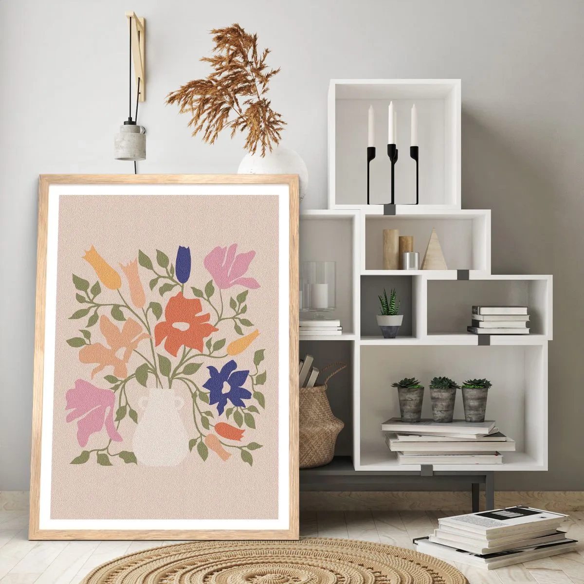 Plakat i ramme af lyst egetræ - En delikat buket - 40x50 cm