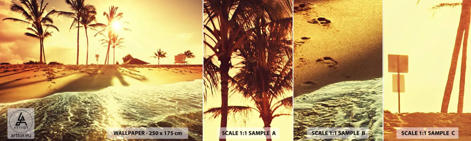 Prøve Fototapet Selvklæbende Deluxe Sticker - Eftermiddag i Californien - Landskab, Strand, Kokospalme - 100x30 cm