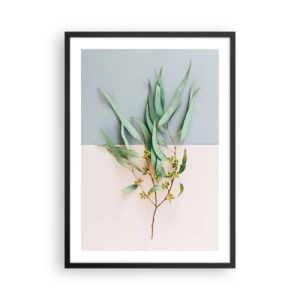 Plakat i sort ramme - En kvist eukalyptus på en pastelfarvet baggrund - 50x70cm - Pastelfarvernes subtilitet - Moderne vægdekoration til stue og soveværelse ARTTOR