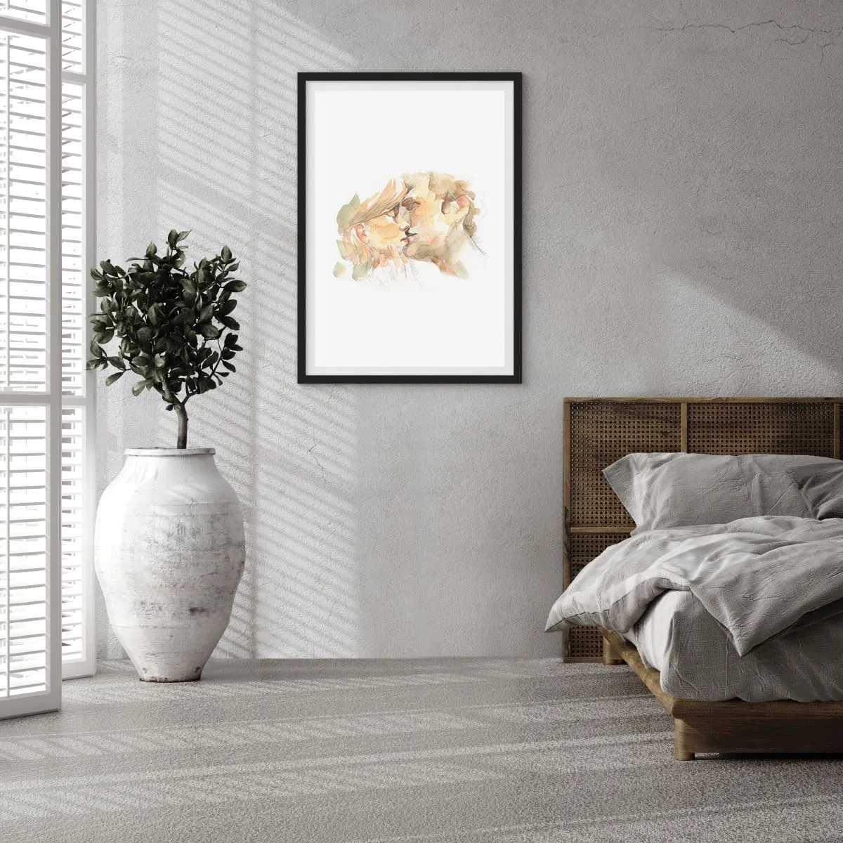 Plakat i sort ramme - Et delikat akvarelportræt af et par i et ømt kys. - 50x70cm - Den fundne halvdel? - Moderne vægdekoration til stue og soveværelse ARTTOR