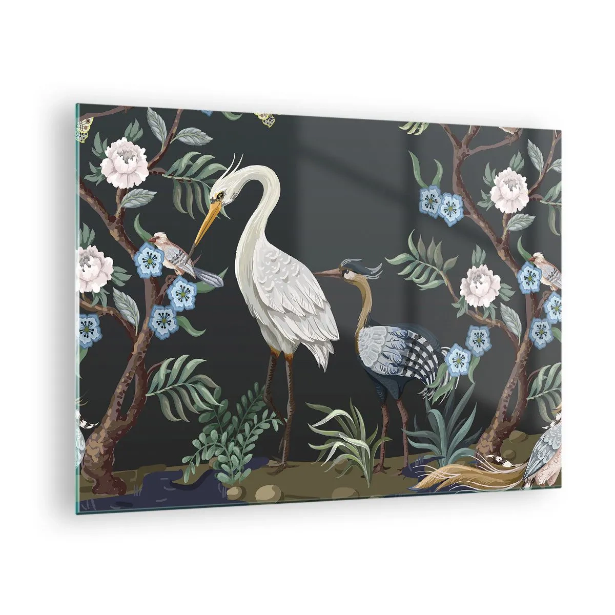 Billede på glas - Farverige fugle blandt blomstrende grene mod en mørk baggrund - 70x50cm - Fugleparade - Moderne vægdekoration til stue og soveværelse ARTTOR