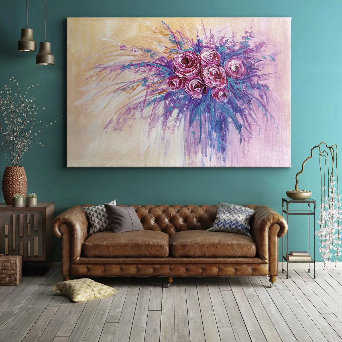 Lærredstryk - Billede på lærred - En buket roser i pastelfarver - 70x50cm - Rose springvand - Moderne vægdekoration til stue og soveværelse ARTTOR