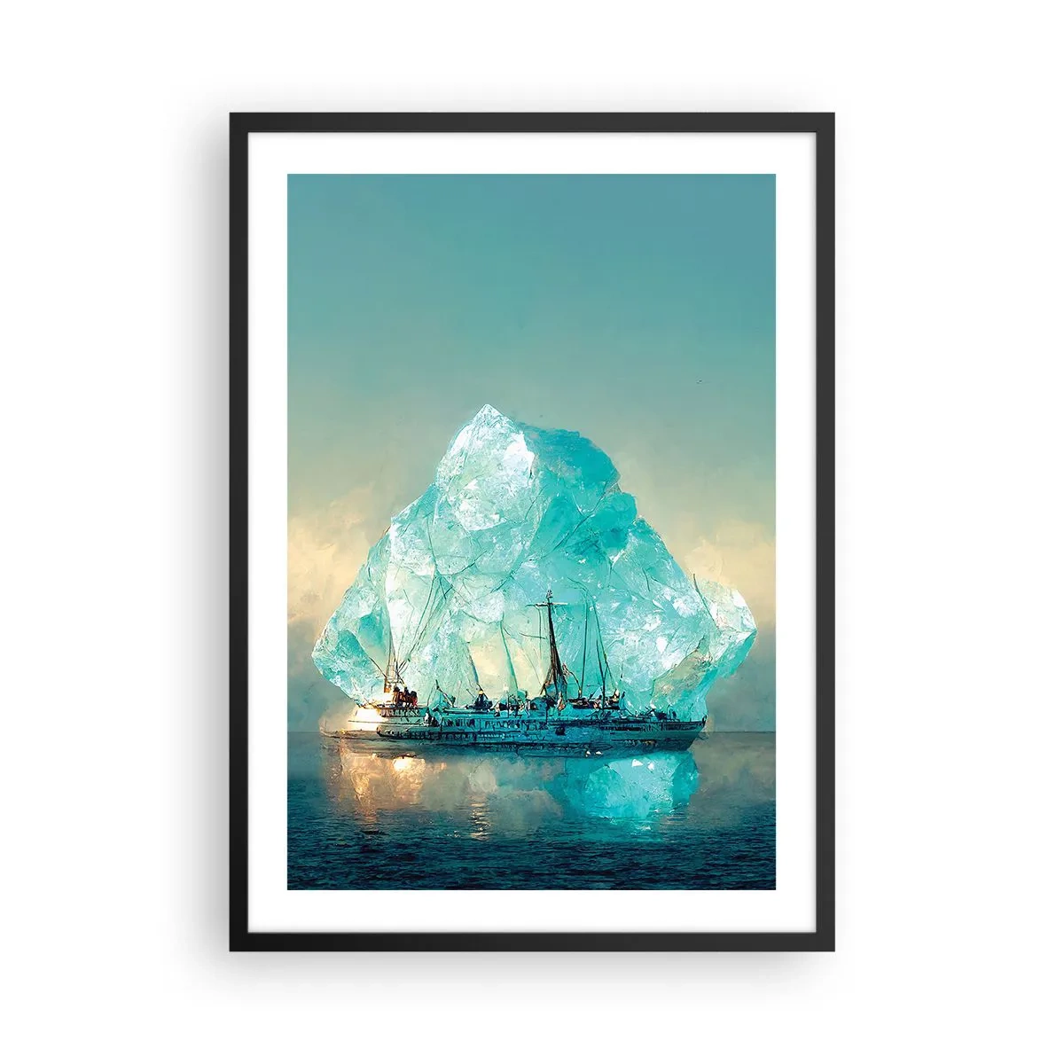 Plakat i sort ramme - Et skib nær et kæmpe isbjerg - 50x70cm - Arktisk diamant - Moderne vægdekoration til stue og soveværelse ARTTOR