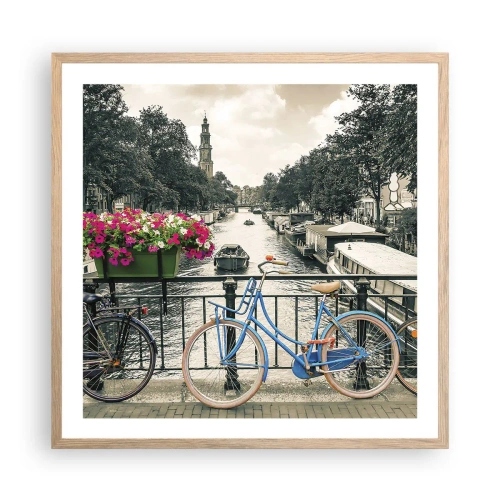Plakat i ramme af lyst egetræ - Farverne i Amsterdams gader - 60x60 cm